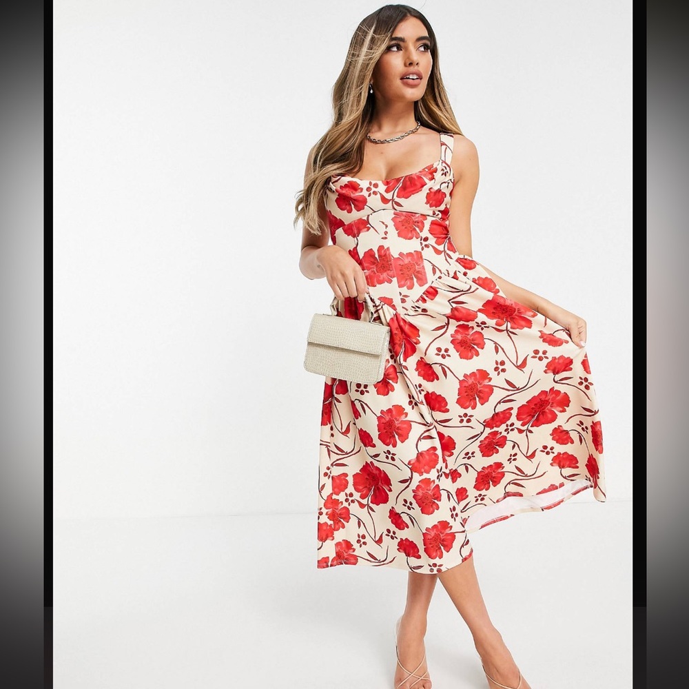 ASOS DESIGN cowl neck with corsetted waist skater midi dress in floral print